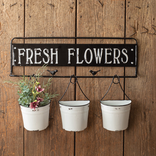 Fresh Flowers Sign with Metal Buckets